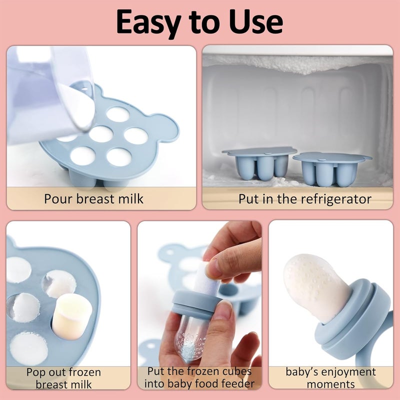 JEXFUN Silicone Baby Fruit Food Feeder & Mini Freezer Nibble Tray, Breastmilk Popsicle Molds for Baby Teething Relief, BPA Free Silicone Teething Toys Feeder for Safe Infant Self Feeding, Extra Food Pouches - Image 4
